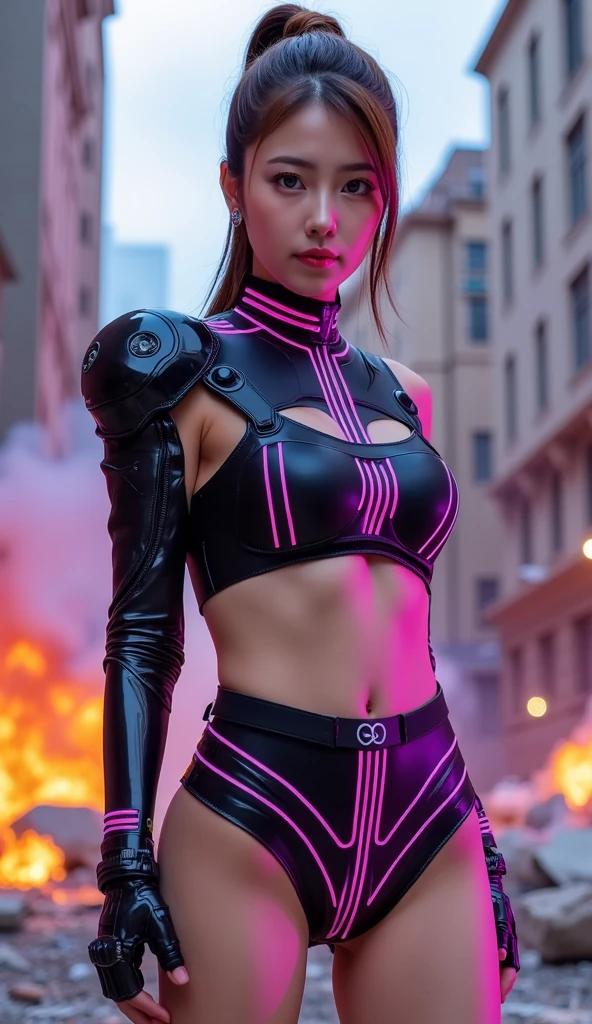 Masterpiece, a beautiful female mech pilot, (Alyssa Sutherland:Janeane Garofalo:0.5), (cyberpunk city at night background), partially transparent sexy cyberpunk outfit, (small breasts), strong muscular body, short multicoloured hair, undercut, legs, cyberpunk aesthetic, (skin texture:1.1), best quality, ultra high res, (photorealistic: 1.4), Raw photo, by Ellen von Unwerth, Nikon D850 Film Stock Photography, F1.6 Lens, Rich Colors, Realistic, Cinestill 800, backlight, rimlighting, studiolighting