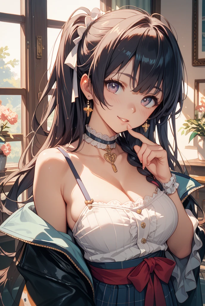 (small breasts:1.3), (perky chest:1.1), (pointed chest:1.0), (Pudding cake magazine cover:1.3)，(from above:1.0),(from side:0.9),masterpiece, 1girl, Amazing Cleavage:1.1, thin waist, big ass, Raised sexy, small breast: 1.3, posed cleavage:1.2、solo, looking at viewer, open mouth, have a cute grass of cute beergrass,black hair, dark green eyes, dress, bare shoulders, jewelry, collarbone, sidelocks, hairband, earrings, indoors, off shoulder, :o, sweater, arms behind back, plant, short hair with long locks, gild hairband, off-shoulder dress, sweater dress, off-shoulder sweater, red sweater, dark gord hair, big side hair, very long side hair,is rendered in (masterpiece: 1.2, best quality), with (ultra high resolution) and an exquisite (depth of field). This masterpiece is not only visually stunning but also tells,A scene of cooking in the kitchen by classroom
