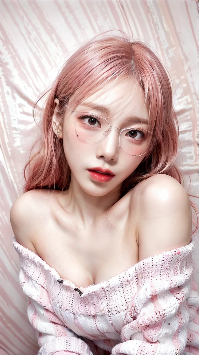Best quality, slender body, open big breasts, shimmery pink hair, visible bra, glasses, hot