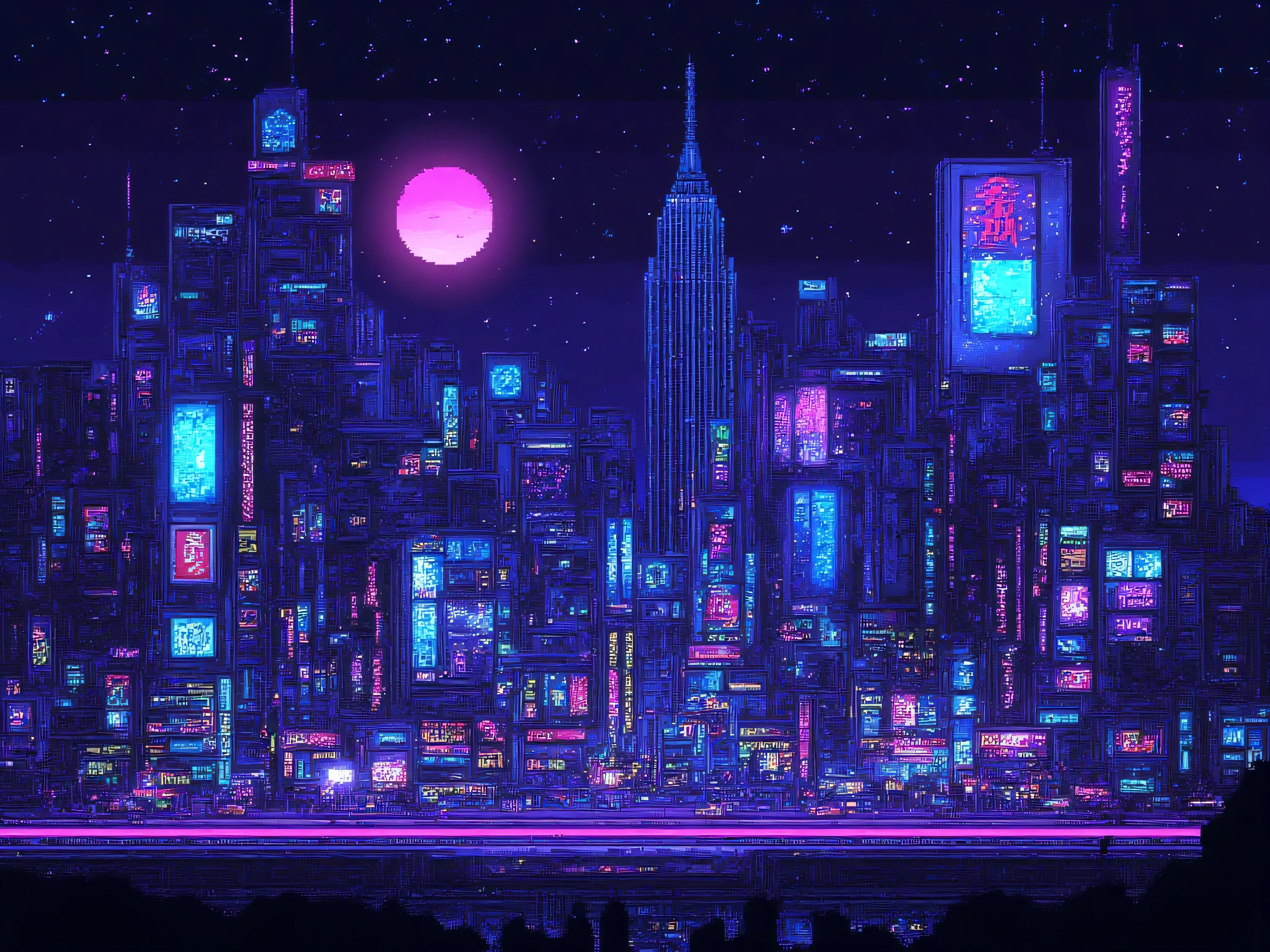 (ArsMJStyle, Pixel Art, umempart), Towering neon skyscrapers with holographic billboards flickering in Japanese, Chinese, and glitchy corporate logos (think ‘Neo-Tokyo meets Blade Runner’), A deep, moody night sky filled with a gradient of indigo and violet, scattered with tiny 8-bit stars, a glowing crescent moon, and a faint aurora-like data storm, Flying cars and drones leaving vibrant light trails (cyan, magenta, and electric blue) in a grid-like flight pattern, Rain-slicked streets reflecting neon signs, with pixel-perfect puddles distorting the city lights, Hidden alleyways with glowing vending machines, flickering CRT monitors displaying cryptic symbols, A colossal digital megascreen on a central tower, broadcasting a glitching face or a cryptic ad (e.g., ‘SYNTHCORP – REBOOT YOUR REALITY’), Layered parallax effect in the background, with distant buildings fading into a fog of low-res pixel mist, Subtle animated elements (if possible): flickering signs, scrolling text, or slow-moving traffic lights, Dithering shadows and limited color palette (teal, purple, neon pink, and deep blacks) to mimic retro game art, full moon in the background.