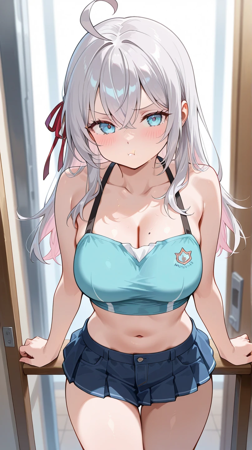anime girl with big breast holding t-shirt in her hand, Oppai, seductive anime girl, Oppai proportions, best anime girl, com breasts big, I'm going to make fanart too, nishimiya shouko, breasts big!, breasts big!!, com breasts big, strongest pose, shikamimi, muscular!!, muscular!, e white hair, with white hair, white hair, white hair lady, com longos white hair, sexy cleavage outfit, black clothing, beatiful , transparent black clothing, big neckline, roupa sensuous, sexy girl, black bikini, black swimwear, flowing white hair, sexy girl, sensuous, sorriso sensuous, charming smile, provocative clothes, big boobies, decote sensuous