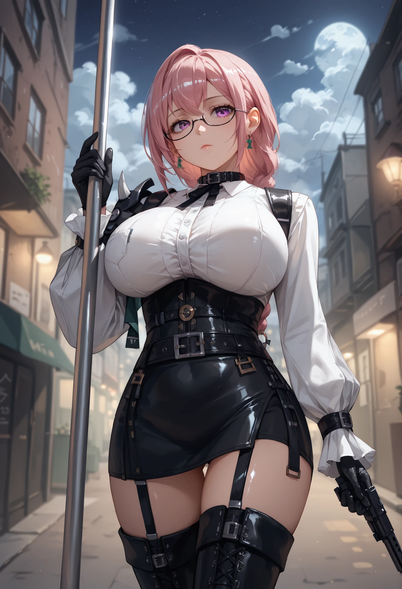 Masterpiece, Beautiful art, professional artist, 8k, art style by sciamano240, Very detailed face, Detailed clothing, detailed fabric, 1 girl, perfectly drawn body, fighting pose, beautiful face, Short ponytail hair, blue eyes, very detailed eyes, pink cheeks, shy expression, glasses, choker:1.6, (long sleeve white collar buttoned shirt), black gloves, gloves covering hands, (holding an antique 15th century pistol in his right hand), (black leather corset), (shiny black leggings), sensual lips , evening de invierno, show details in the eyes, view from front, looking at the viewer, dark path, dark forest, evening, Atmosphere, fog