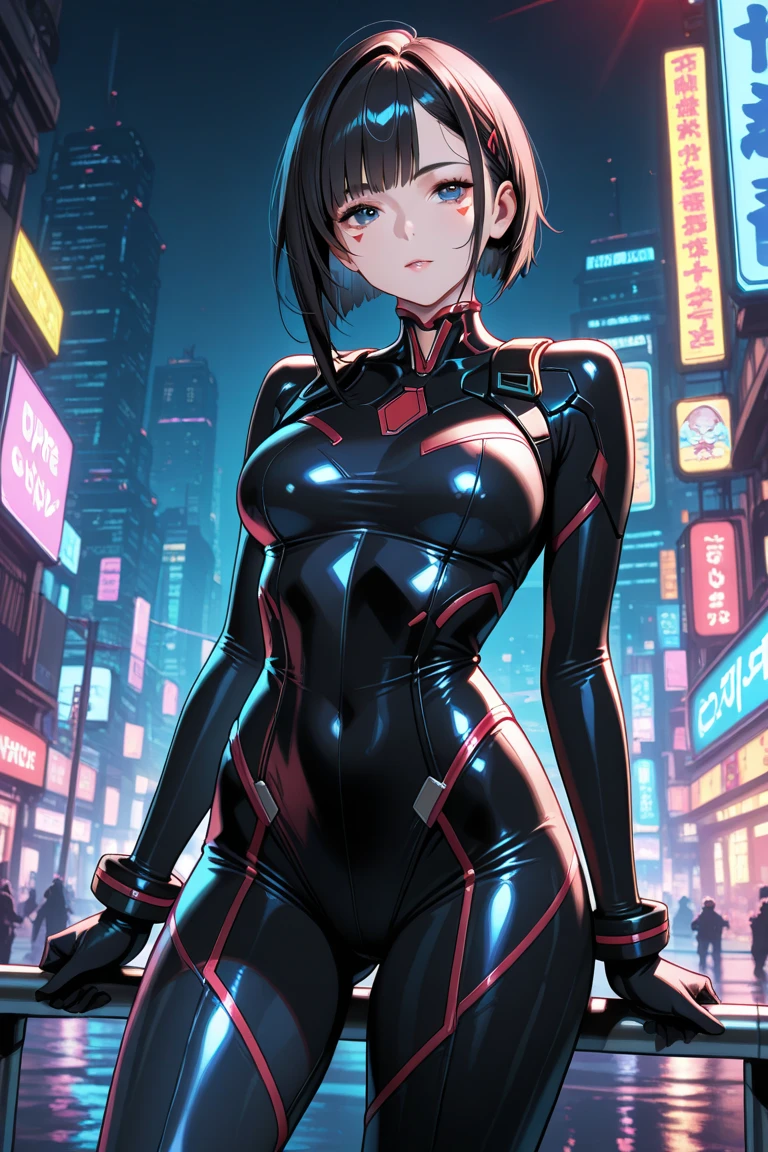 masterpiece, best quality, highres, aaazusa, short hair, ahoge, parted bangs, <lora:miura_azusa_v1:0.7>, cyberpunk, bodysuit, gloves, standing, cowboy shot, city, night