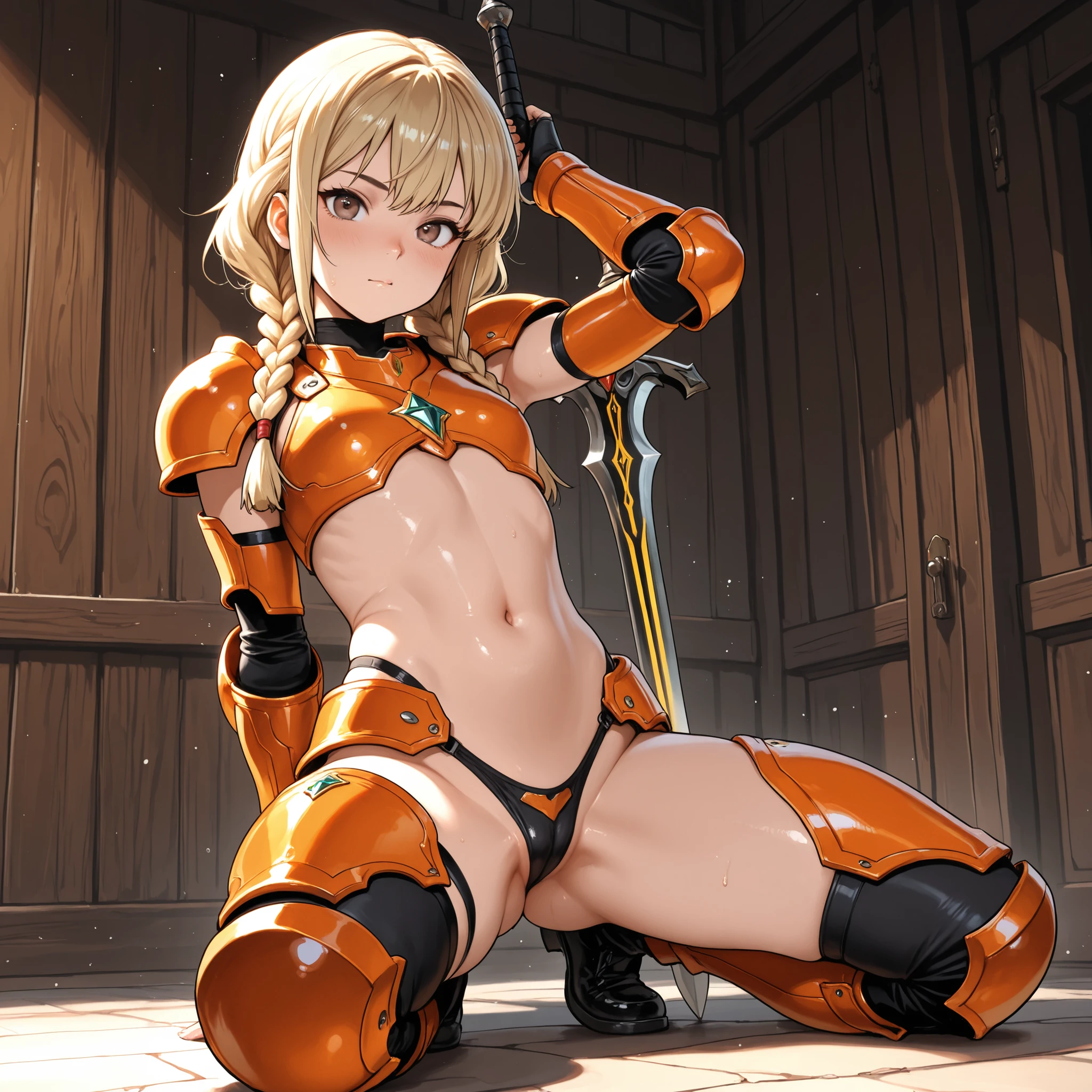 Masterpiece, Best quality, Top quality, Score 9, Score 8 up, Score 7 up, Source manga, ((Sexy young girl, Improved, Gal)), NSFW, Attractive, Voluptuous, Curvy, ((Blonde braids)), Full body, ((Lightweight orange armor)), Fair skin tone, Long brown hair, French braids, Perfect eyes, Swordsman, Heroine who assists the male protagonist of a fantasy anime, Special move: Sword dance,