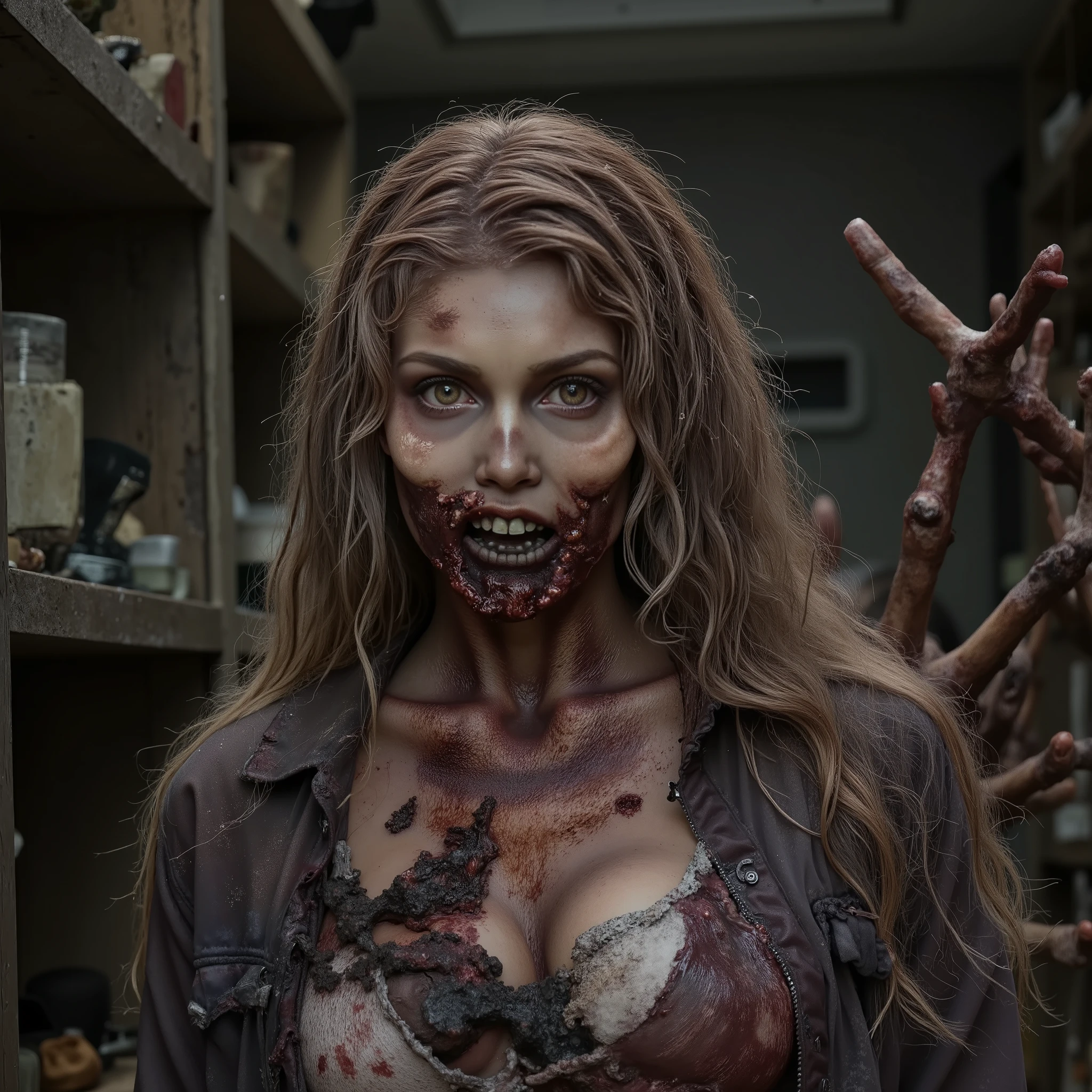 (masterpiece, best quality:1.2), ((RAW photo, Best quality)), (Realistic, photo-realistic:1.2) a evil zombie girl , (((L4L4 face))), blood, hottinig, ((horror, creepy)) , night, ((White eyes)). , angry. ((( Exposed brain))), ((Pale or greenish skin)), wounds, empty eyes, torn clothes, slow movements, guttural noises, aggressive and cannibalistic behavior. Cinematic lighting.