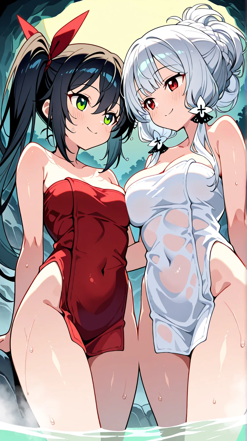 8k, beautiful eyes, beautiful body, Good anatomy, young girl, black hair with blue strands, blue eyes, full body view, 2-girls, Extremely detailed, bangs, short hair, breasts, barefoot, showing feet, looking_at_viewer, sexually suggestive, nude,naked, standing, ((nsfw)), shy smile, sexy poses, long legs, armpits, ((kissing)).