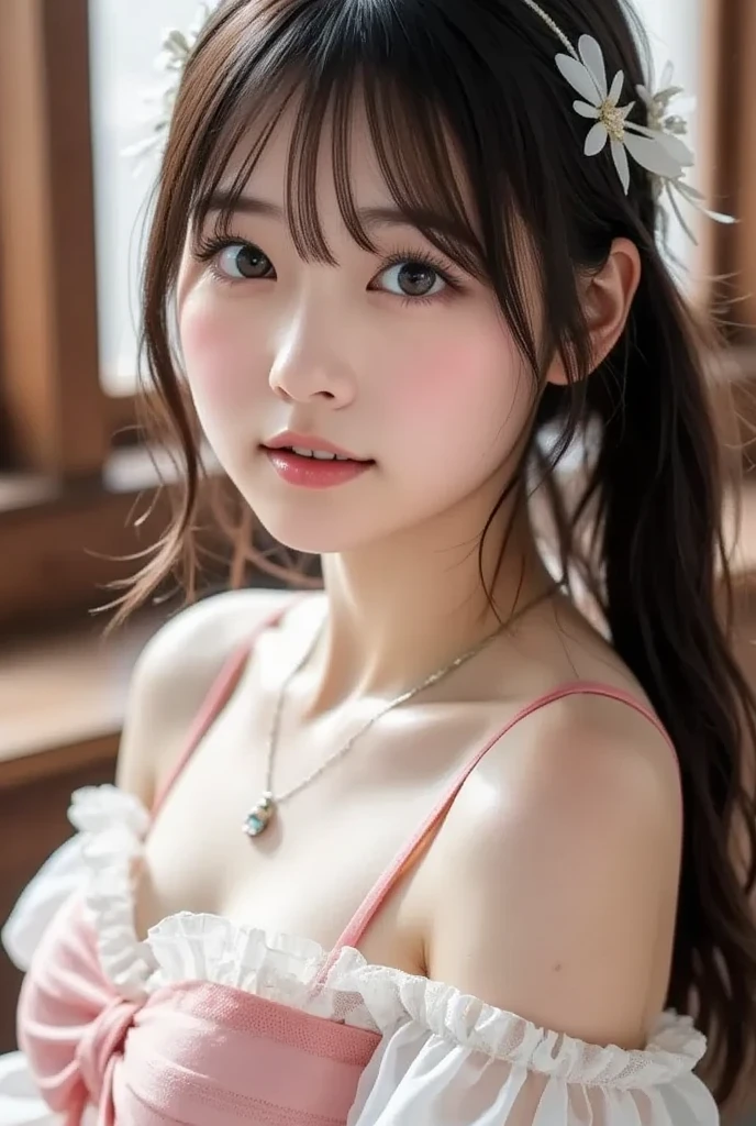 (((Like the picture、Focus on the eyes:1.1、Very detailed:1.22、Ultra-high resolution、masterpiece:1.45、Highest quality)))、((((systemic manifestations:1.68、camisole、Leaning forward、One person))))、length, Straight black hair、So that every single hair is clearly visible、The color of the hair changes subtly depending on how the light hits it.、 Gives skin a natural glow、Fine skin、Expressing the fine details of pores:1.25、Detail of slight redness on forehead and cheeks、(((Eyes with fine iris detail、Eyes are painted with color gradients and patterns.、length, Natural Eyelashes, Each is visible、well-groomed eyebrows、眉毛のpersonal々The hair is clearly visible、Light reflected in the eye、Light in the eye creates tiny highlights)))、The nose is delicate、Fine detail on the nostrils、Lips are plump and naturally pink、Draws fine lines and soft curves of the lips、lips are shiny and、Lip gloss accentuates the shape of your lips.、(((Detailed depiction of lip texture、Special attention is paid to the depiction of light and shadow.、Soft natural light gently illuminates your face from the front、A faint glow on the forehead、A slight glow on the nose、A slight glow on the cheeks、Shadows are cast softly alength the contours of the face、Accentuate the sides of your cheekbones、Accentuate your jawline、Accentuate the sides of the nose、Her lip gloss reflects the light subtly.、Lips emphasize the plump texture、The shadows in the hair add depth and dimension、personal々Hair sparkles in the light、