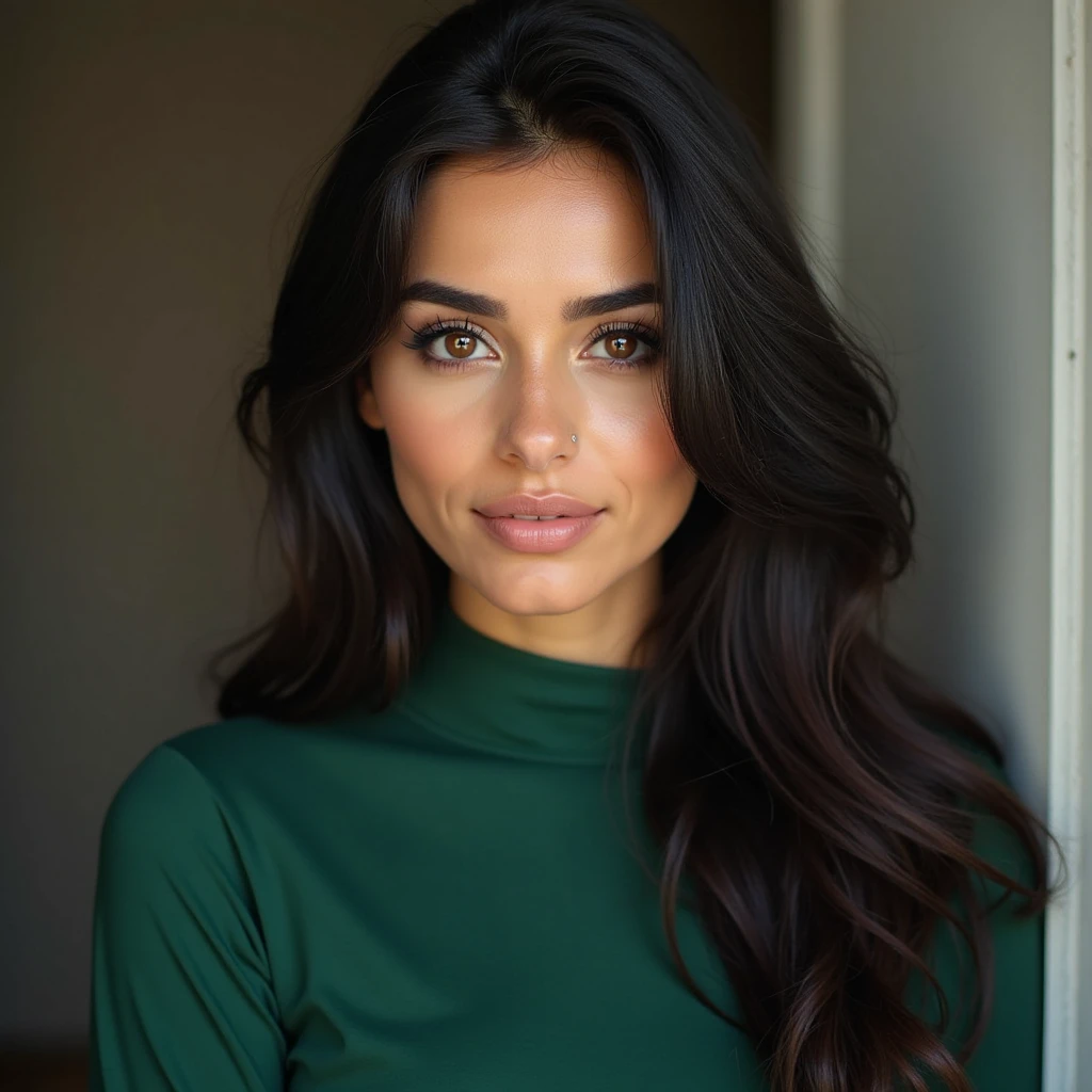 Latina woman, big , dark hair, green eyes