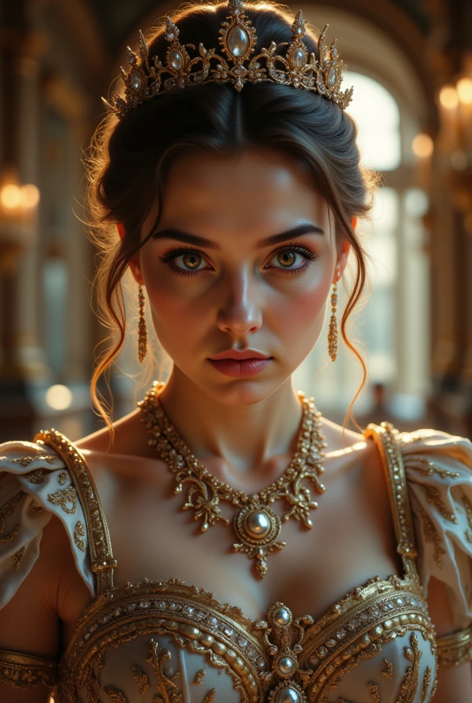 A beautiful, captivating goddess of debauchery, sensual and alluring, her piercing gaze commands attention, elegant flowing dress, intricate headdress, ornate jewelry, dynamic pose, chiaroscuro lighting, cinematic composition, rich saturated colors, oil painting, digital art, photorealistic, 8k, high quality, masterpiece