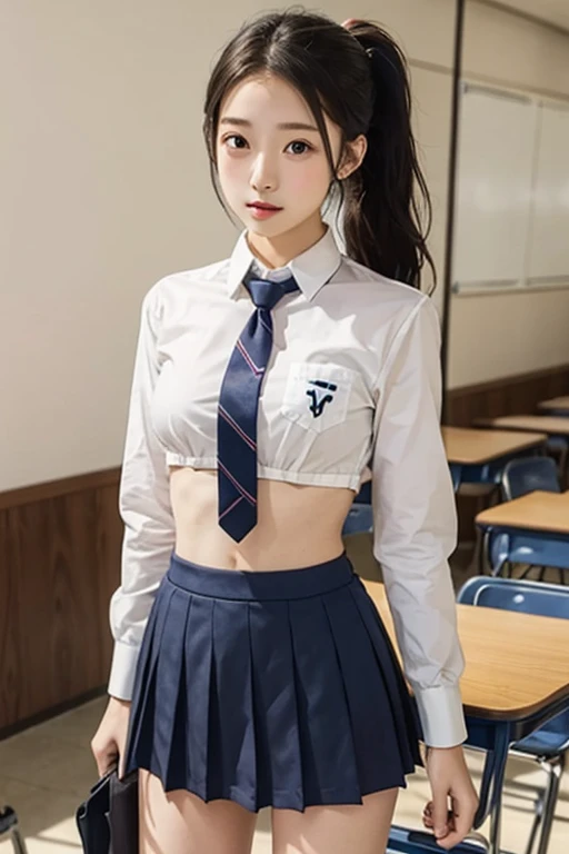 A girl、漂亮又beauty的眼睛、Lovely、Professional lighting、best quality、beauty、(Uniforms: 1.5)、indoor、Ponytail、(Large Breasts: 1.3)、Proportionate face、School、Beautiful legs、whole body