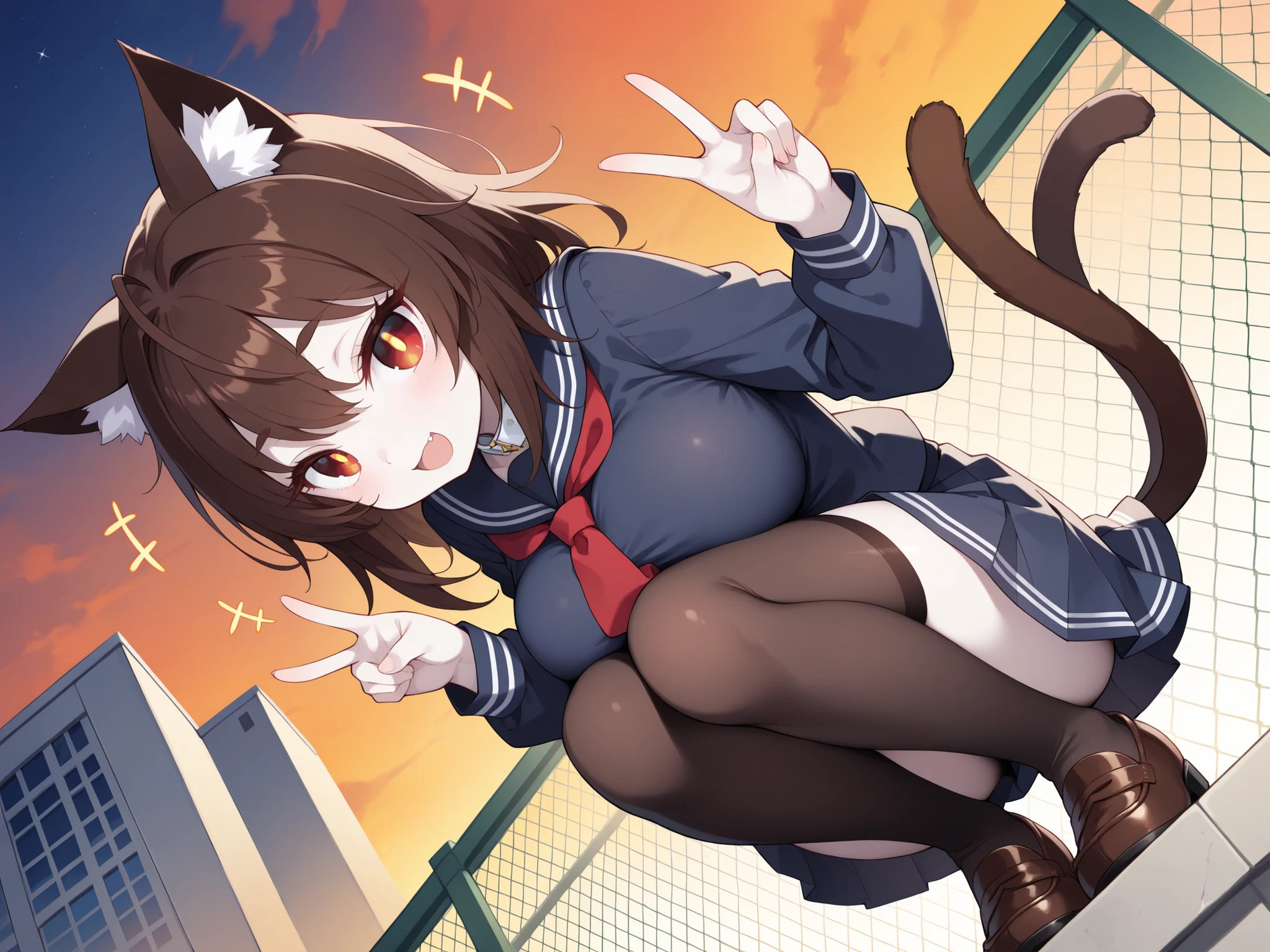 school rooftop at sunset, chain-link fence, glowing sky, distant city view, warm lighting, nostalgic atmosphere, dutch angle, medium full body shot, eye-level angle, centered composition, soft depth of field, subject in sharp focus, looking at viewer, from below, pale skin, (solo, 1girl, nekomata, red eyes, dark brown hair, medium hair, cat ears, white fur inside cat ears), large breast, navy sailor uniform with ankle-length pleated skirt, long sleeves, white collar and tie, traditional style, school shoes, zettai ryouiki, leaning slightly forward, double peace sign, hands up, tilted head, knees close together, ((two cat tails)), big eyes, half closed eyes, cat eyes, eyelashes, lower eyelashes, (((gold pupils))), shy smile, blash, twitching mouth, open mouth, fang
