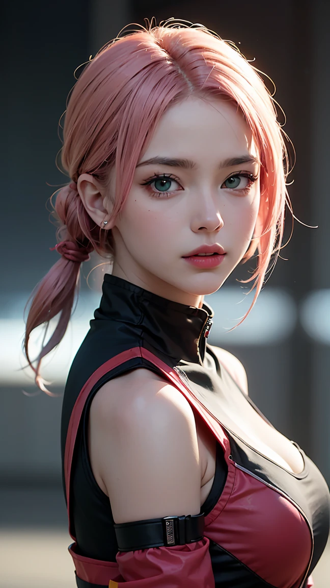 best quality, ultra high res, (photorealistic:1.4), (detailed beautiful girl:1.4), (medium breasts:0.8), looking_at_viewer, Detailed facial details, beautiful detailed eyes,pink hair, blue eyes, slender, haunting smile, (makeup:0.3), red lips, highly detailed clothes, (ulzzang-6500-v1.1:0.3)