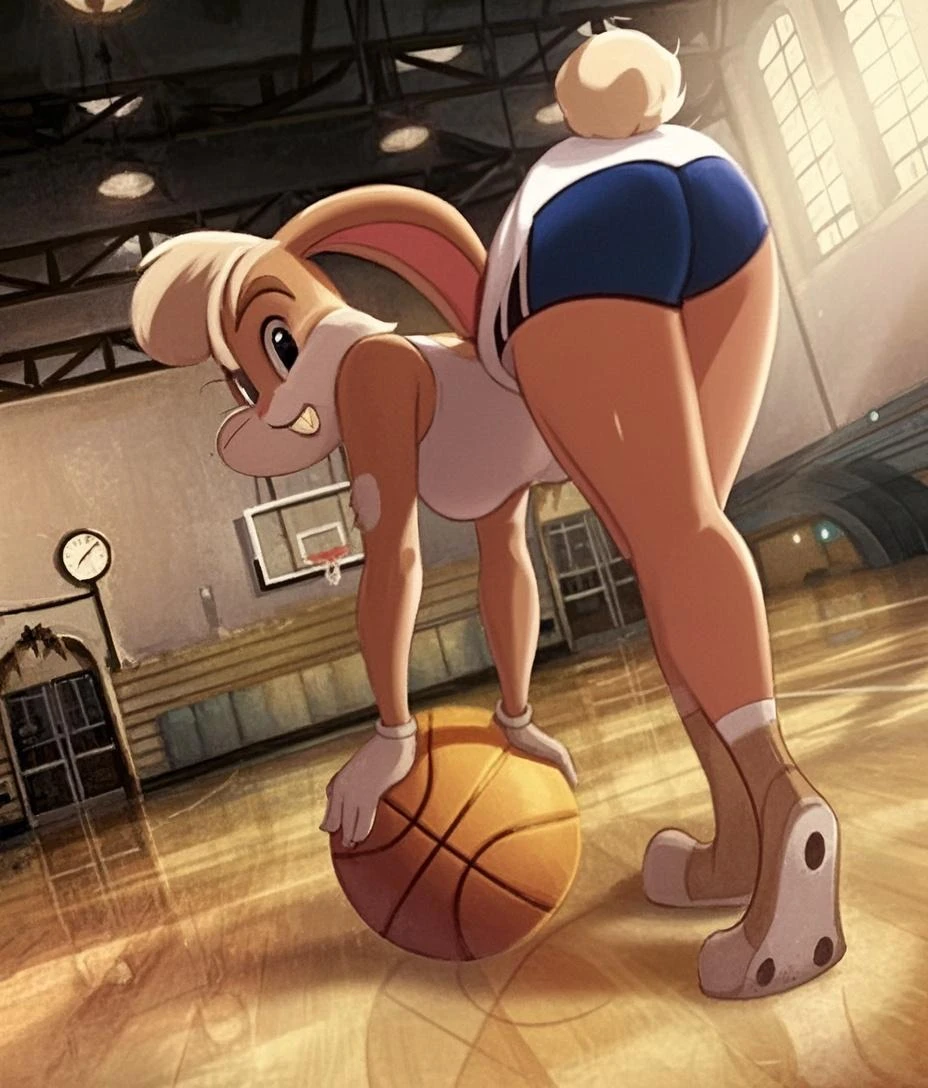 on a basketball court, tugging at clothes, seductive smirk, medium breasts, wide hips, big ass, Lola Bunny,standing, blushing,sweating, muscular arms