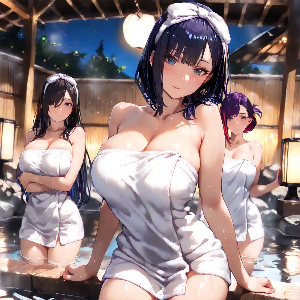 there is 2 woman that is sitting in a bath tub,(((A MILF: 1.4))), (Curvy:1.35),(((Dark skin))),Curvy physique,, Thick body，((dark nipple)),((Completely naked)), (((The breasts seem to overflow from yukata))),glue on breasts,Japanese onsen, high-end onsen, Onsen, sakimichan,  komono, model in Japan，((Sexual suggestiveness)),