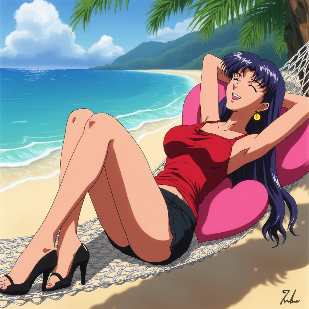 Faye Valentine, 1 girl, green eyes, purple hair, medium breast, split, hair band, high leg, medium breast, navel, panties, short hair, One, underwear, yellow hair band, bare shoulders, on the beach, lying on a sun lounger, bare bottom
