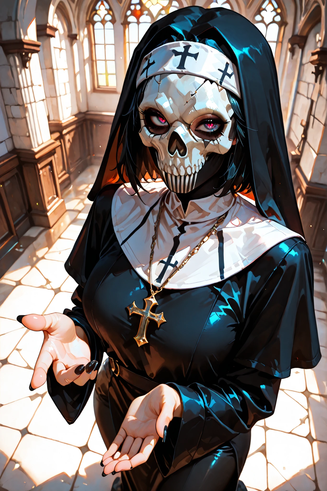 (SuperQuality:1.0) ~ (SuperQuality:1.2), detailxl, girl, Solo, High Resolution, Best Quality, High Details, Super Detailed, indoors, (simon_riley), ((skull_mask)), nun, large breasts, short hair, black hair, long nails, black nails, beautiful eyes, ((view from above))
