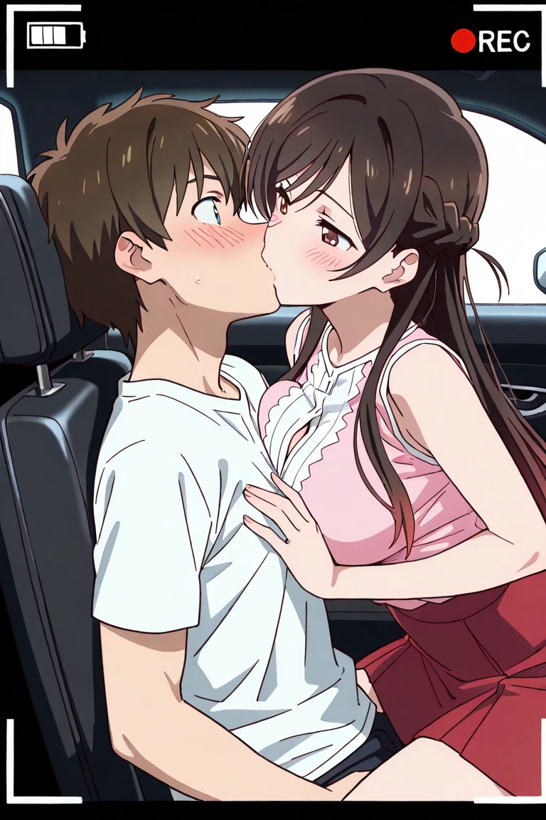 blue sky,cloud,In the car,Lying on your back,,1 Girl, Red eyes, Twin tails, brown hair,((顔 focus)),upper body,?????, bangs, eyebrows visible through hair, Small breasts,1boy,Kiss on my chest