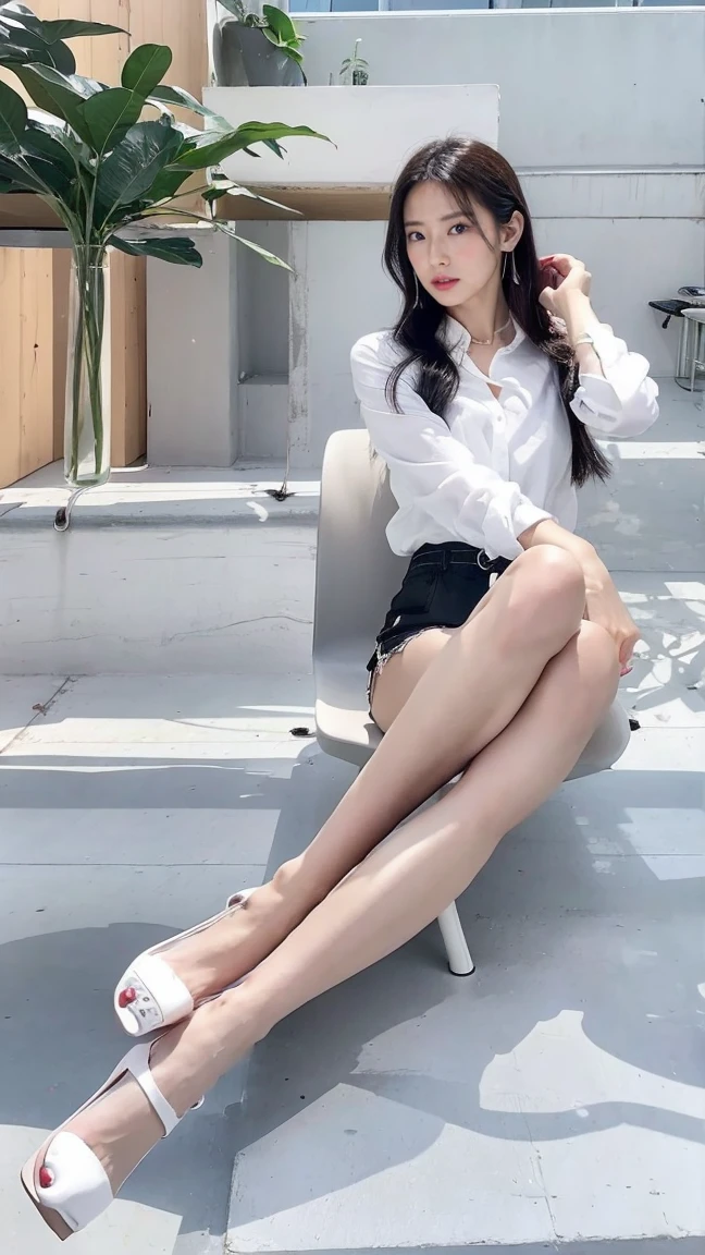 Japanese woman, beautiful face, long black hair, voluminous hair, black sunglasses, white shirt, micro shorts, tall, beautiful legs, long legs, bare legs, stilettos, crossed legs, strong wind, hair tousled by the wind
