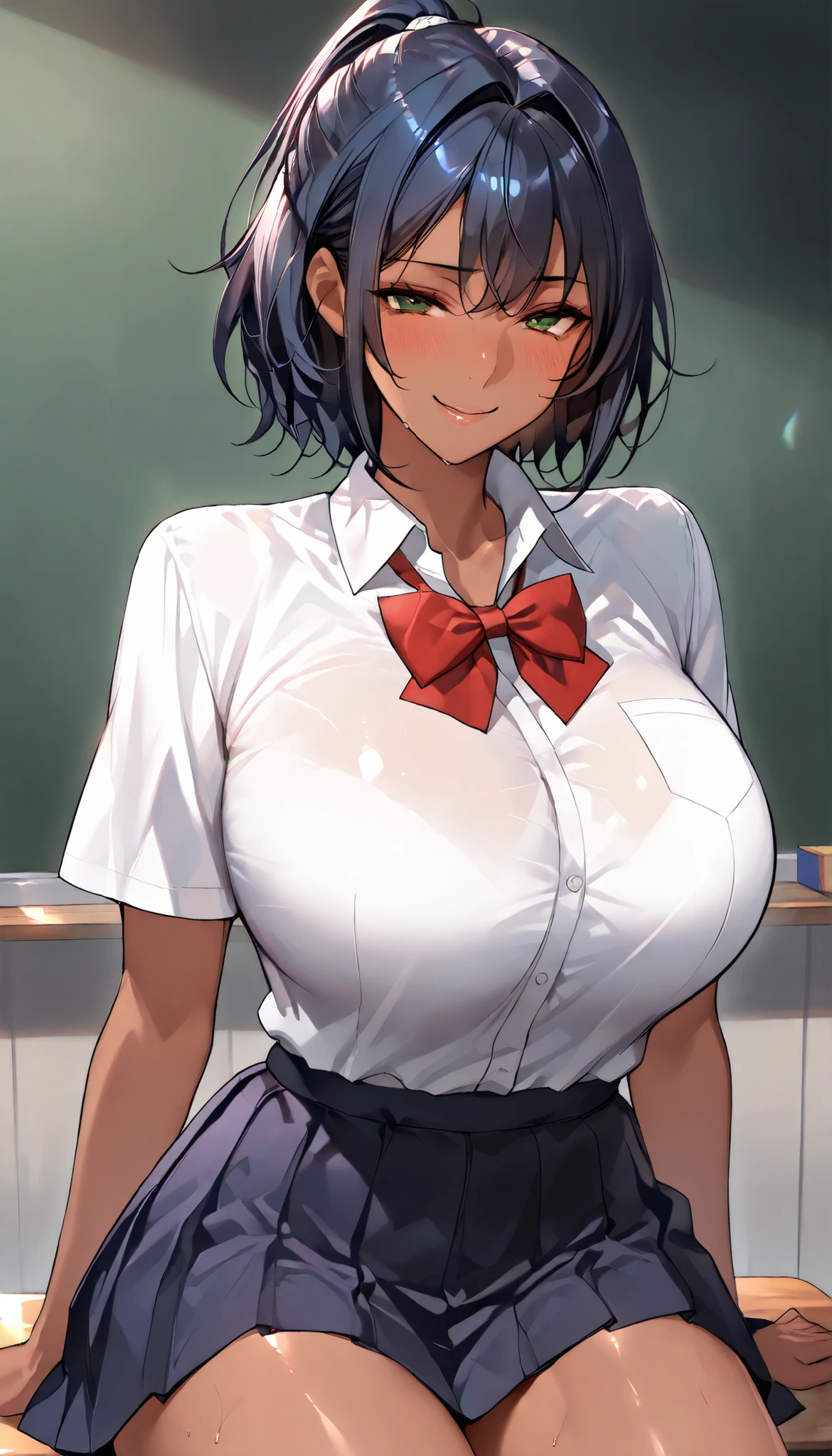 mature women,milf,large breast,beautiful face,long hair, shiny hair, green eyes,high detailed,black hair, hair over one eye,masterpiece,perfect anatomy,cleveage,White Shirt,open shirt, Black Skirt, Office Lady,sexy smile,pony tail,glasses,dynamic pose,red lips,blushing,