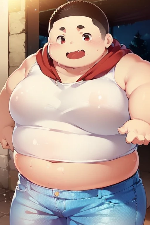 beautiful, (chubby), (very short hair), (pudgy face), (naughty), ((high school students!), (handsome), (thick), (overweight), beefy, (nipples), (cute), (little brat), (naughty brat), (へそ), ぽっちゃりした体, (big belly), 汗ばんだ体, (臭そうな体), (naked), (nude), (sexy), cleavage