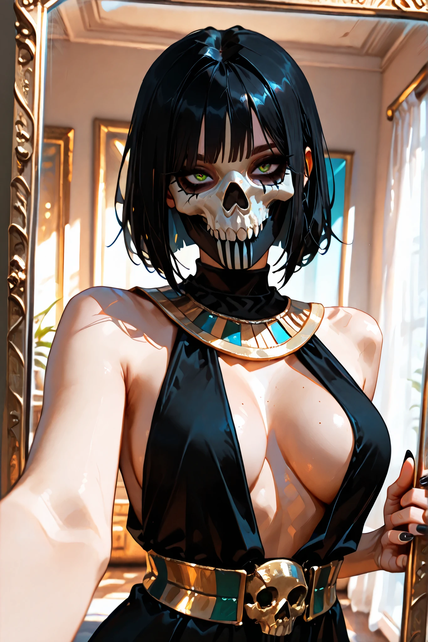 (SuperQuality:1.0) ~ (SuperQuality:1.2), detailxl, girl, Solo, High Resolution, Best Quality, High Details, Super Detailed, indoors, (simon_riley), ((skull_mask)), Egyptian clothes, large breasts, jewellery, short hair, black hair, long nails, black nails, beautiful eyes, selfie, ((mirror view))