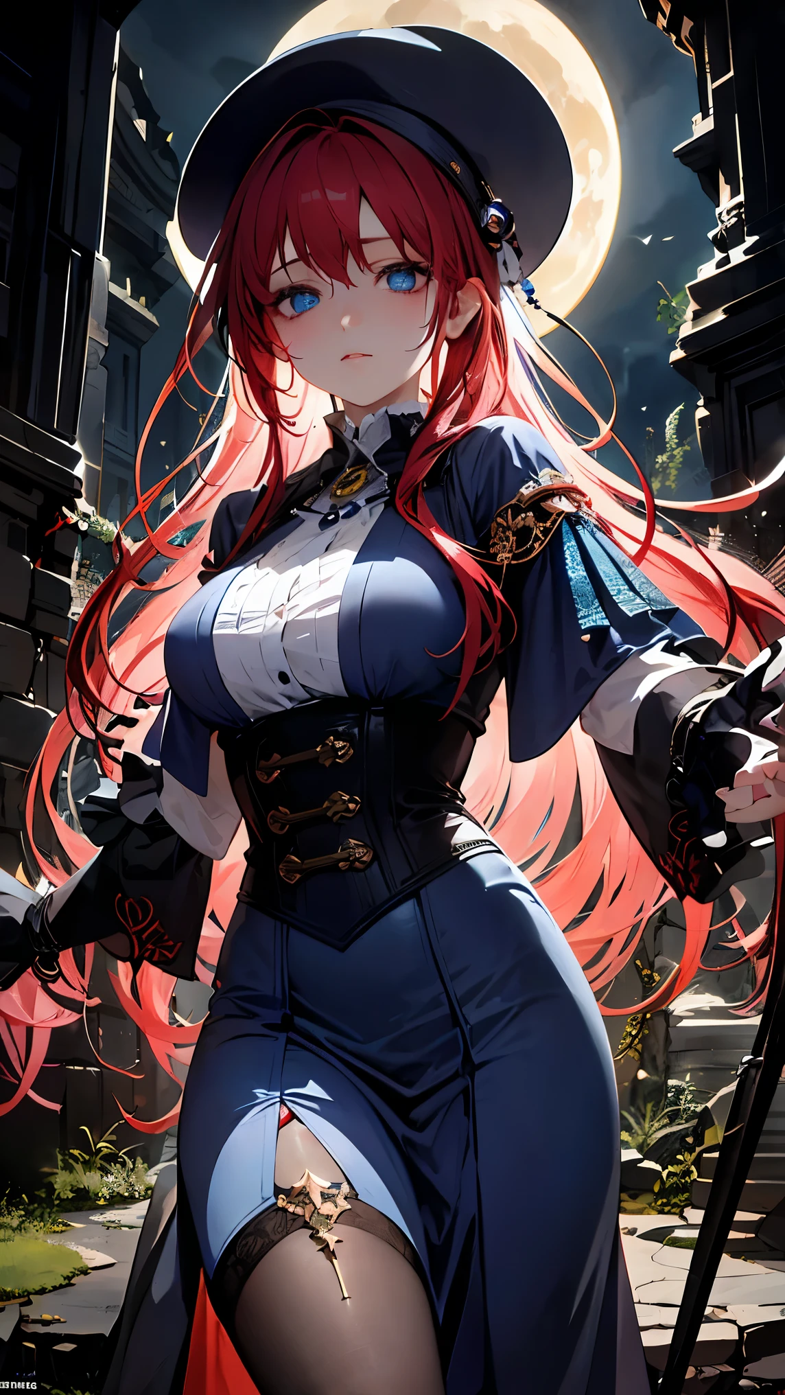 A red-haired female sorceress explores the depths of a mysterious underground dungeon. She discovers an ancient grimoire resting atop a tall, waist-high crystal pedestal carved with runic symbols. The grimoire is an ornate, weathered tome bound in black leather with glowing glyphs on the cover. The sorceress wears a flowing indigo robe with silver embroidery along the hems and cuffs, layered over a fitted leather corset and a practical utility belt. Her wide-brimmed indigo witch hat is slightly worn, adorned with a silver clasp shaped like a crescent moon. She holds a twisted elmwood staff, which radiates a soft magical glow from its tip, subtly illuminating the surrounding stone chamber. Her blue eyes reflect determination and wonder as she gazes at the tome. Her long blonde hair is loosely tied at the nape of her neck. The dungeon is dark and ancient, with moss-covered stone, arcane symbols glowing faintly on the walls, and a sense of deep, hidden magic in the air.