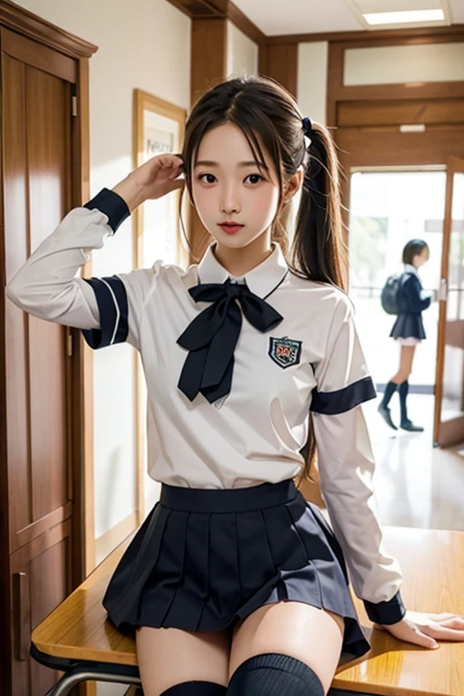 (((top-quality、masterpiece))、Original photography、8K、top-quality、 超高分辨率、beautiful  face，with every detail、Realistic human skin、gentle expressions、front-facing view、colours々from an angle、hairlength、Realistic、真实感、Cute Baby Turtle、A short skirt、cute female student、Japanese schoolgirl wearing uniform、Surreal female high school student、blue-sky、Walking in the clean alley，beautiful smile