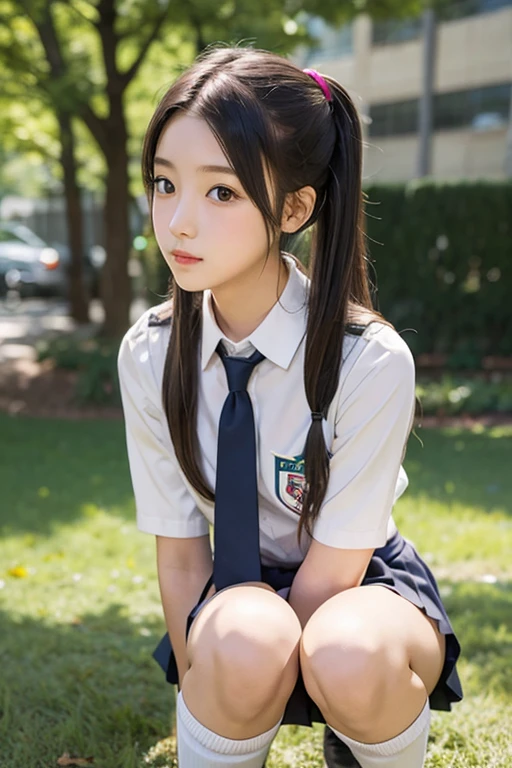 (1young girl), kawaii, (highly detailed Beautiful face), Amazing face and eyes, (Best Quality:1.4), (Ultra-detailed), (extremely detailed CG unified 8k wallpaper), Highly detailed, High-definition raw color photos, Professional Photography, Realistic portrait, twintails, (hi-school uniform, pleated mini skirt:1.3), (hi-school uniform with wide open breasts:1.2), Sitting, (open your legs), cameltoe, depth of fields, School, classroom, (fine face:1.2), (from below:1.2)