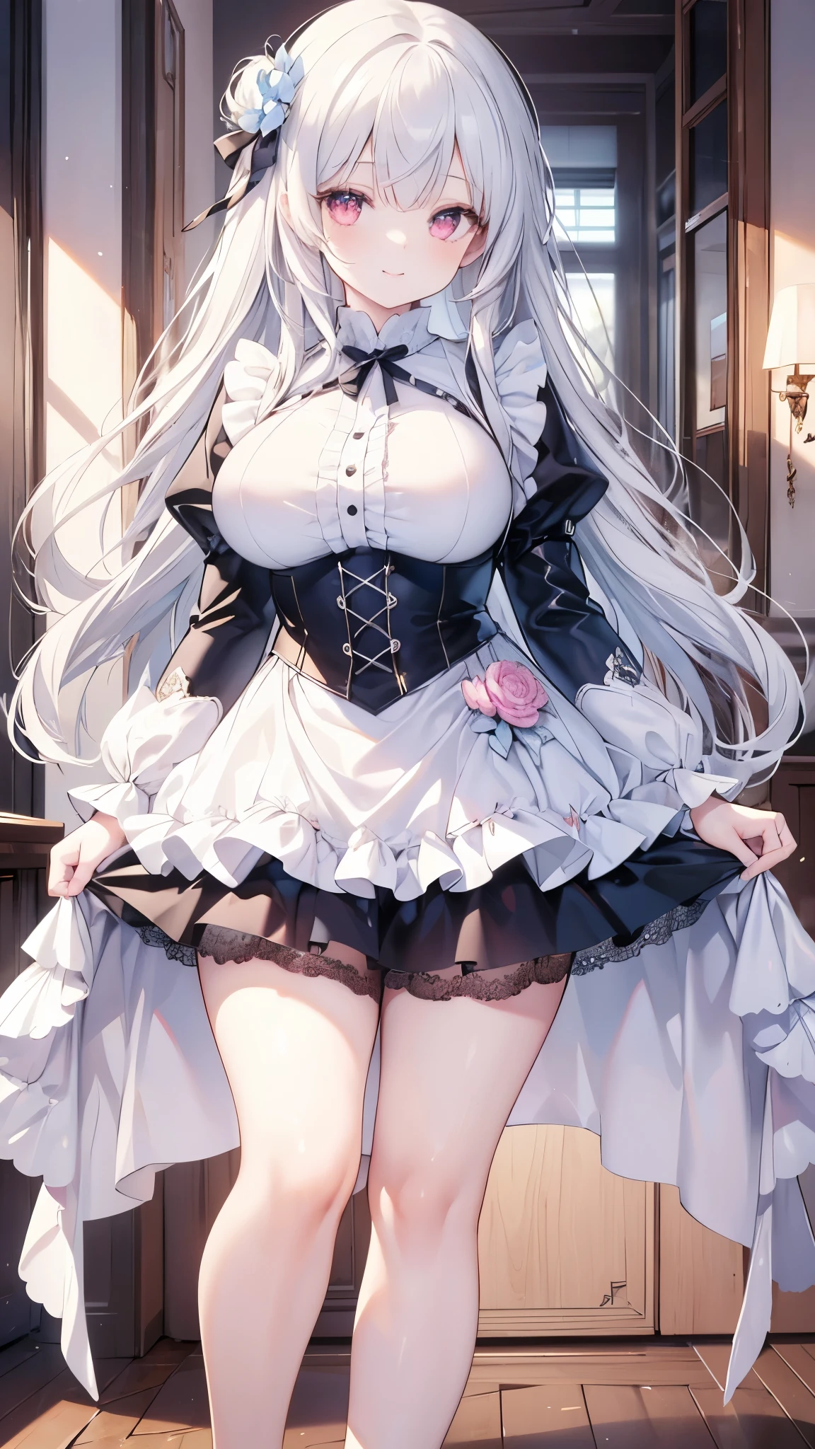highest quality, ultra high resolution, super detailed, gorgeous, masterpiece, best quality, high resolution finely detailed, extremely beautiful, distinct image, Frilly French Maid uniform, hourglass figure, 1 girl, 21 years old, soft and beautiful facial features, symmetrical face, golden colored eyes, innocent doe shaped eyes, DD-cup breasts, tall height(185cm), slim curvy body, athletic and flexible physiques, flowing snow-white hair, narrow waist, long legs, modern times background, snow-white skin, hip-level shot, snow-white feline tiger ears, white striped tiger tail protruding out her back,