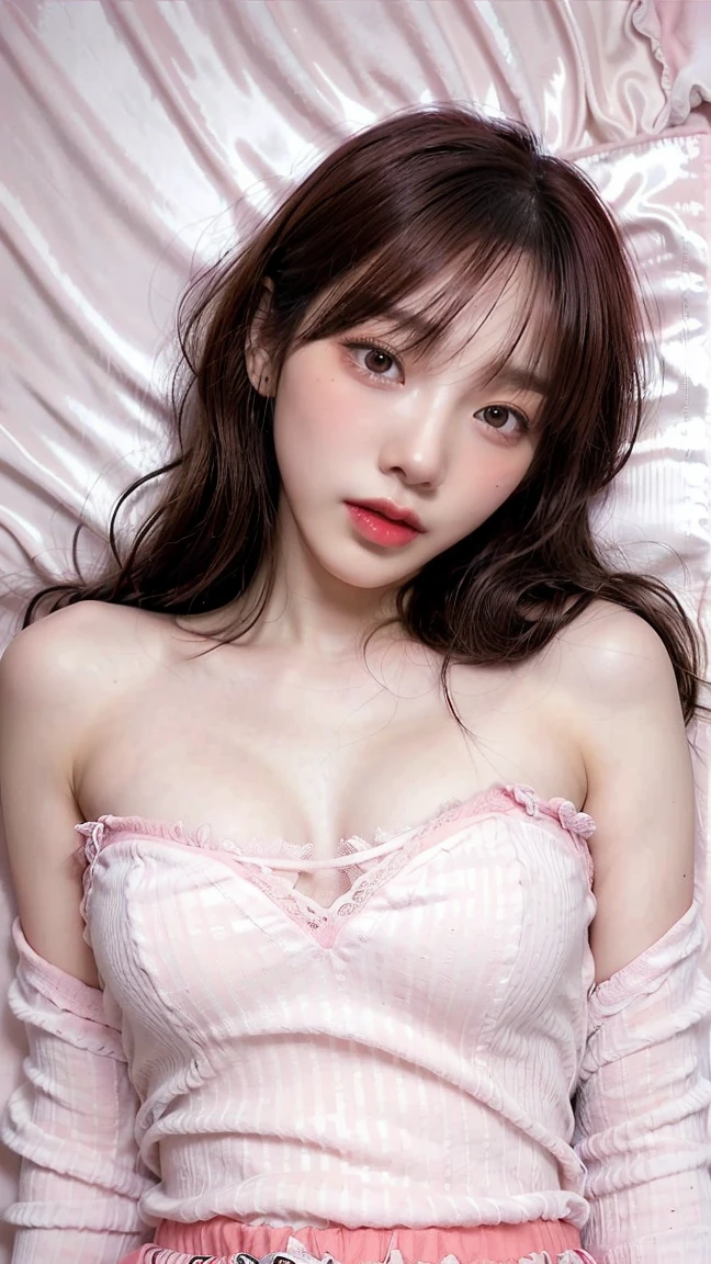 Top image quality、Raw photography、超A high resolution、Close-up of the face、Cute girl at 18 years old、Shooting for one person only、big round chest、 of the breast、Tp、Beautiful Eyes of Details、very elongated eyes、Beautiful eyelashes、Beautiful double eyelids、Lying on your back on a large bed、White bed、shorth hair