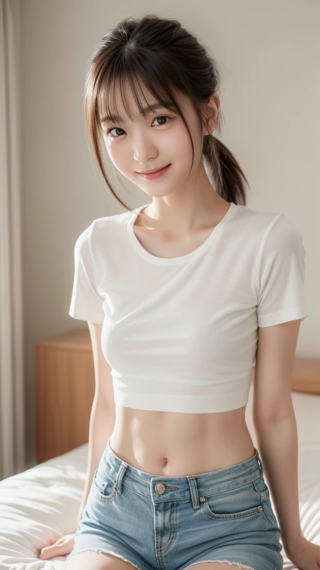 highest quality, pieces fly, ultra high resolution, (that&#39;realistic:1.4), RAW photo, 1 girl, Mr. Kｰpop idol, brown short hair, slender body,stomach,stomach筋,muscular,jeans and a small t-shirt,fine eyes,(realistic eyes),delicate face,realsMr. Kin,slightly tanned skin、fine hair,Detailed sMr. Kin,cute face,((smile))、((laughter))、((you look happy, smile))