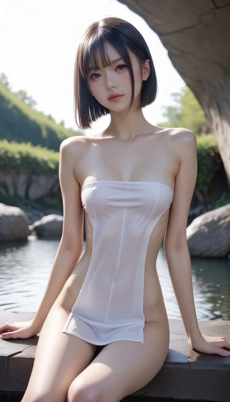masterpiece, top-quality、Raw foto, Photorealsitic、20-year-old girl、in poolside、A slight smil、Top and bottom white swimsuit、a closeup、Shorthair、unbelievable Ridiculous、depth of fields, hight resolution, ultra-detailliert, foco nítido, Cinematic lighting