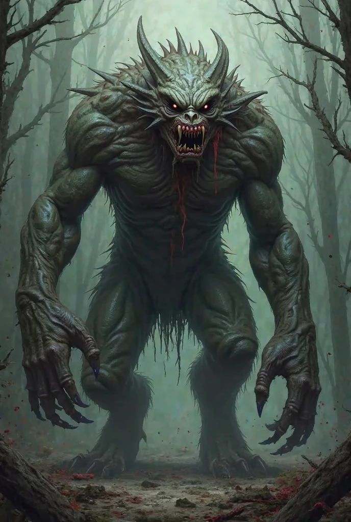 Terrifying mutant beast in the forest, crawling in dynamic pose, dark art style painted in oil