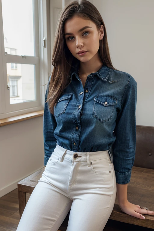 cinematic photo realistic, <lora:quiron_Zdenka_V2_Lora:0.87> ZdenkaQuiron woman,, realistic, a woman Golf wearing Collared shirt and Boyfriend jeans: Relaxed, loose-fitting jeans with a slouchy, casual look., . 35mm photograph, film, bokeh, professional, 4k, highly detailed