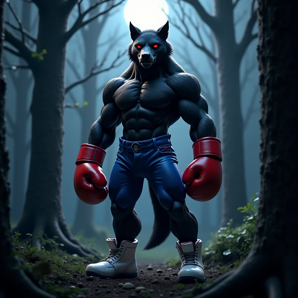 Humanoid wolf training in the shadows of an mma gym kicking a punching bag aggressively with glowing amber eyes and a scowl showing teeth, show only from the waist up