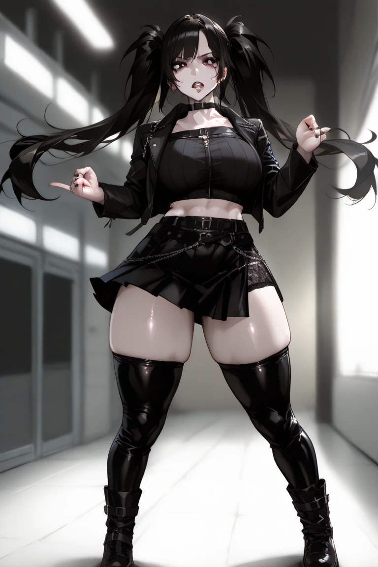 A curvy woman with long hair, angry expression, wearing a pleated skirt and black boots, viewed from below, underwear visible, trampling in the mud, dark moody lighting, cinematic composition, dramatic shadow play, gritty realistic style, muted color palette, high contrast, photorealistic, 8k, best quality, masterpiece