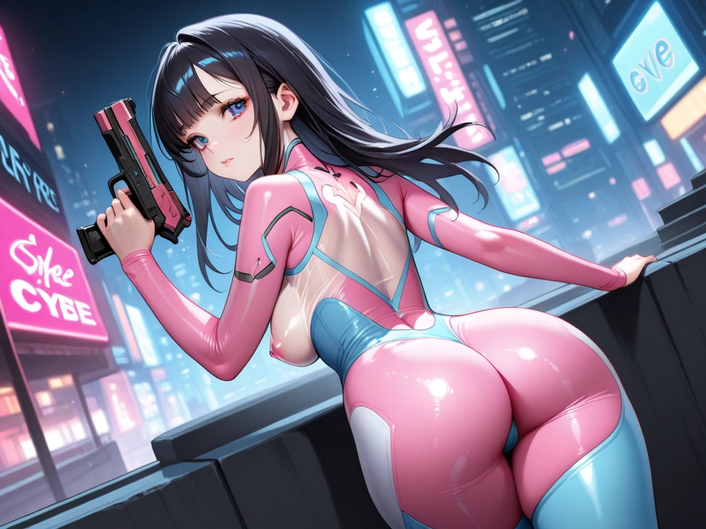 (masterpiece), highest quality,10 years old、 超High resolution,Girl, Cyberpunk-style skin-tight full-body suit, 美しい都市景観の上を飛ぶGirl , Neon colorの流れ星, Very long hair, , Neon color, Blink, Amazing night sky, Cinema Lighting, Realistic, Realistic Skin, High resolution,Fisheye Lens,The shape of the nipple is protruding、Flat Chest,Very cute smile,Back view、turn around、Cute ass、Teabag、Thong