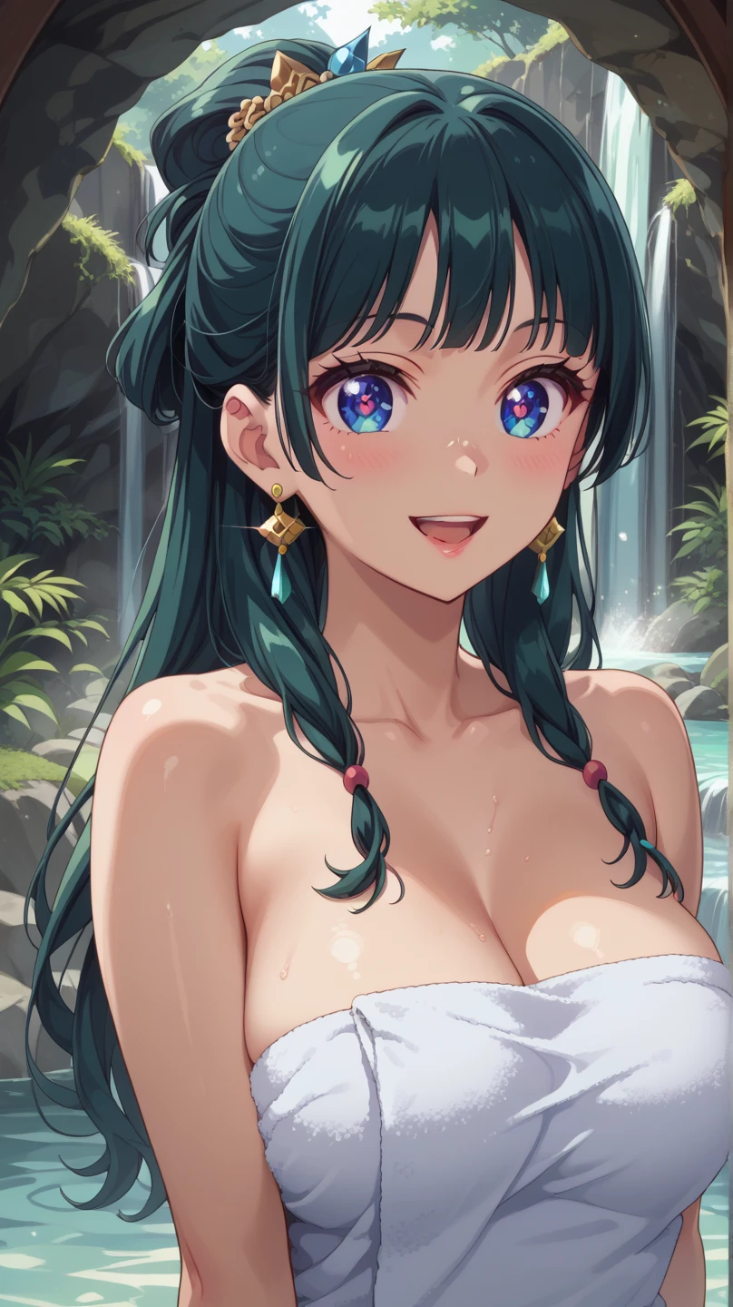 (Masterpiece, BestQuality:1.3), (ultra detailed:1.2), (hyperrealistic:1.3), (RAW photo:1.2), High detail RAW color photo, professional photograph, (Photorealistic:1.4), (realistic:1.4), professional lighting, perfect anatomy, (Big Breasts:1.2), (blush, detailed face), (cheerful Smile:1.5), (Blue Hair:1.5), Trending Hair&Trending Hairカラーをランダムに, earrings, necklace, bracelet, sexly, erotic sexly, Random sexy gravure poses, ((Sexy beauty in a micro bikini smiles while relaxing in a hot spring。Her hair is tied up。In the background, a rock bath with steam rising。: 1.3)