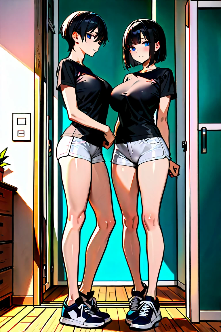 、(masterpiece、Highest quality)、Highest quality, Ultra-high resolution, (((masterpiece))), alone, Sweat、Big eyes, Composition from the front、Shortcuts、Embarrassed face、Bronze colored hair、Cut the back hair short、Bathroom、Shower scene、 Expose、Completely naked、pubic hair、belly button、Large areola、Nipples、short hair