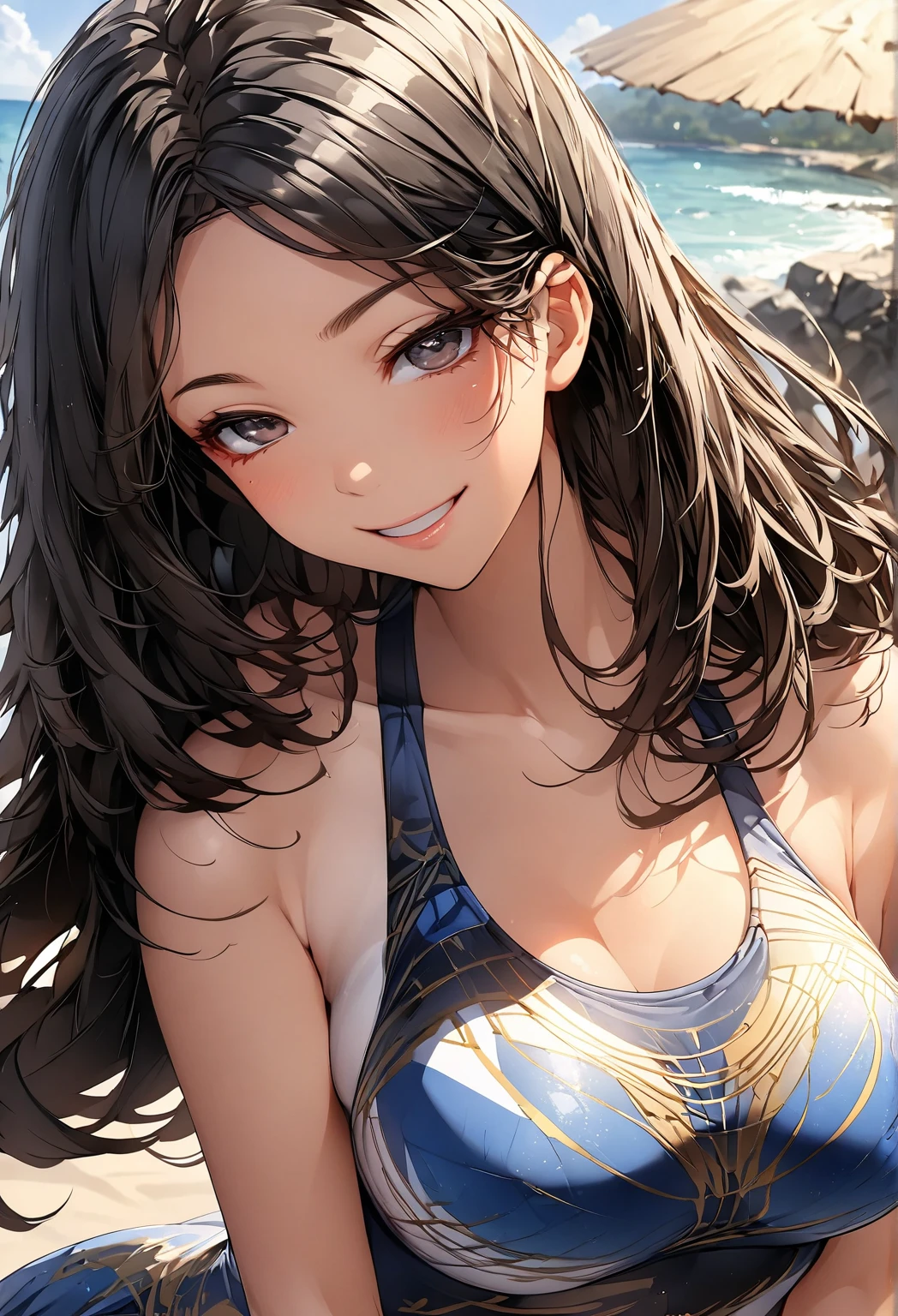 Highest quality、Realistic、girl、zoom、Bright Blue Eyes、Long Hair、Light blue swimsuit、Tanned black body、A well-trained body、logic、Abdominal logics、athlete、Brown black skin、thin、Sweat。smile、Summer Sea、Bust Shot