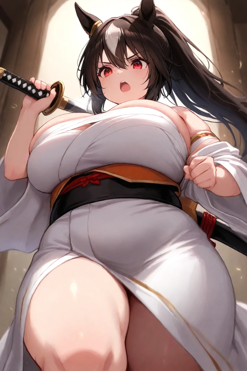 (hews art style:0.7), (hero neisan art style:0.7), score_9, score_8_up, score_7_up, score_6_up, score_5_up, score_4_up, uncensored, shizuka hiratsuka, long hair, black hair, black eyes, BREAK (masterpiece:1.2), best quality, high resolution, (detailed eyes:1.3), perfect lighting, (perfect hands, perfect ???????), 1girl, breasts, japanese clothes, large breasts, solo, weapon, sword, kimono, magatama, katana, sash, jewelry, thighhighs, cleavage, smile, obi, thighs, earrings, rope belt, sitting, magatama necklace, wide sleeves, looking at viewer, white kimono, open mouth, necklace, detached sleeves, grey kimono, cherry blossoms, black thighhighs, holding weapon, holding, holding sword, long sleeves, bare shoulders, dragon print, weapon over shoulder, spread legs, backlighting,