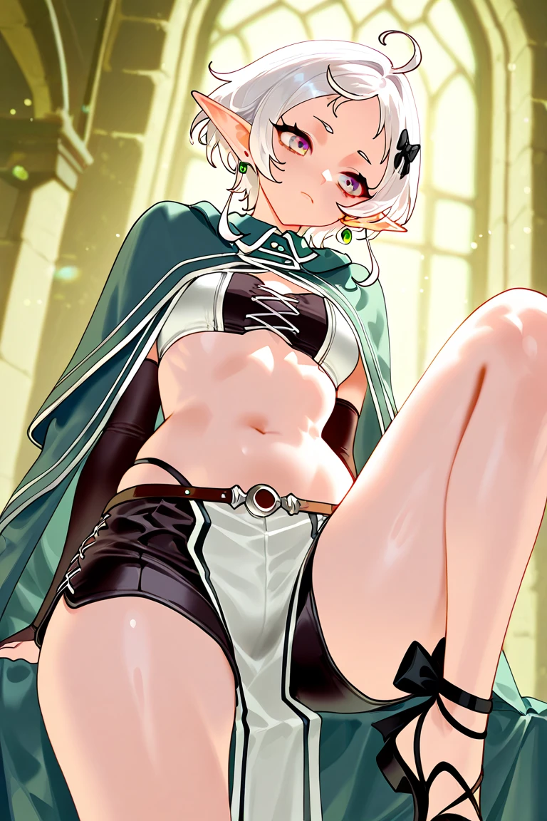 pointy ears, green hair, green eyes, short hair, short hair with long locks, black-framed eyewear, solo, bangs, open mouth, very long hair, straight hair, arms up, one eye closed, (masterpiece:1.6, best quality), (finely detailed beautiful eyes: 1.2), (masterpiece), (best quality), (shiny hair), (shiny skin), (shiny skin), solo, twin tail hair, large breast, big boobs, boob curtain, under boobs, ((upper body)), (micro bikini), presenting armpit, bare shoulder, collar bone, (mole armpit), arm up, beach, selfie, cowboy shot, straightened, arms behind head, hands behind head, arms raised, hands in pockets, standing, ((detachable sleeves), (randoseru)), (side boobs), (bikini)