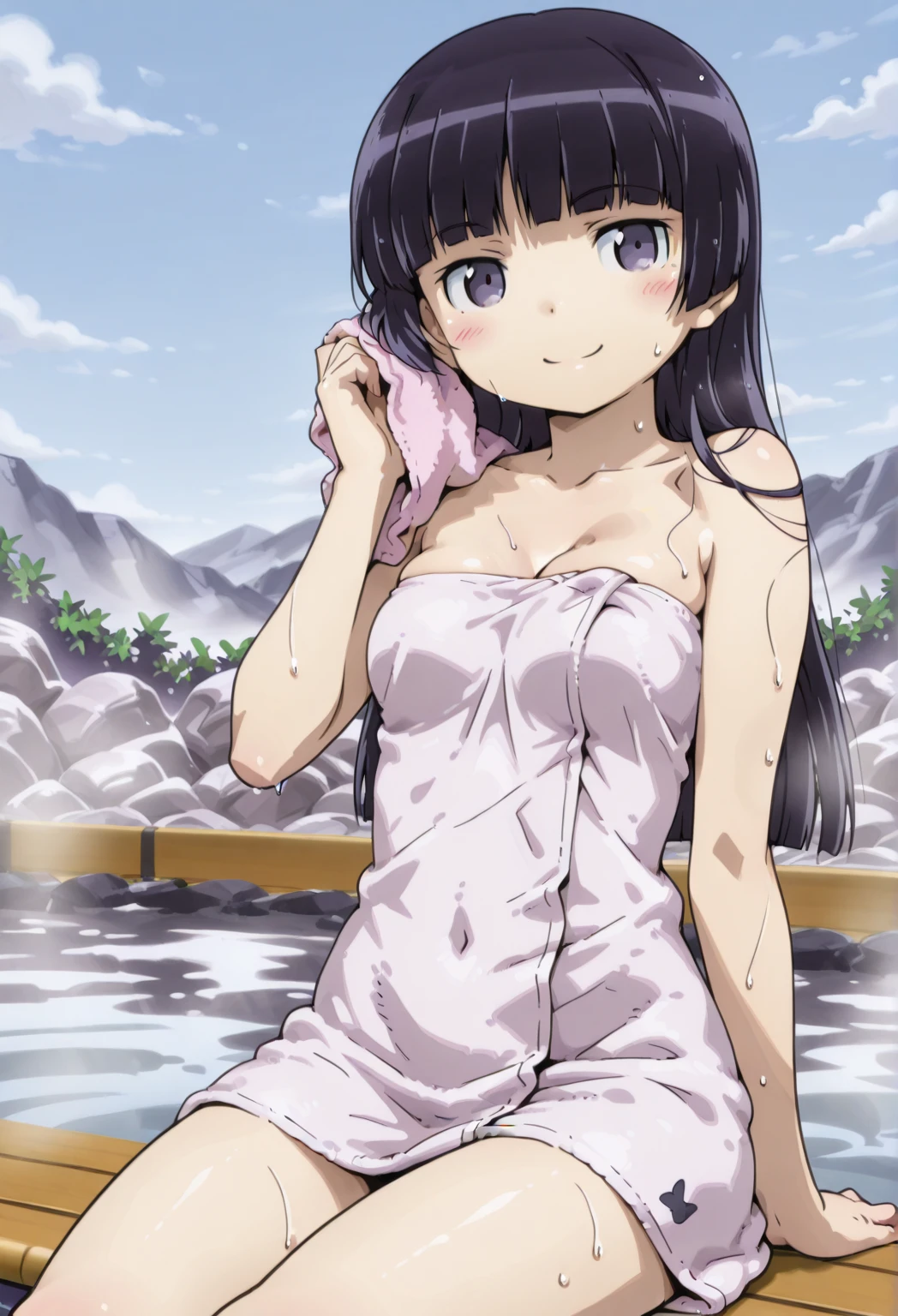 (anime cels style, Masterpiece, best quality, high resolution, anime colored, megami magazine:1.2, anime poster style, anime keyvisual, sharp, 8k, photorealistic), (beautiful eyes:1.5), sakaguchihinata\(ttigraas\), 1girl, cute, black hair, very short hair, large breast, cleavage, nude, (wet see-through Naked towel:1.5), (upper body, sitting), (perfect detailed anatomy, perfect arms, perfect fingers, beautiful face, perfect body, shiny skin), onsen,