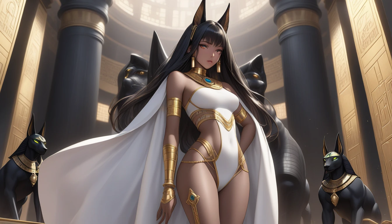Egyptian god, anubis, one female, female version of anubis, anime girl, desert, pyramid, golden staff, short white hairs, ornaments, gold jewellery, cleavage, see through silk cloth, necklace, red eyes, moon, night sky, golden light