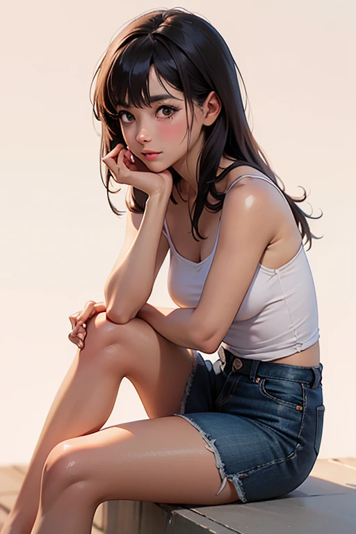 a masterpiece of、Top image quality、1人の女性、Beautiful woman sitting on the stairs、legs slightly open、Detailed facial expressions、Detailed eye、Detailed nose、Detailed lips、hugetits、Female proportions considered everywhere、Skyscraper District、Sunset between buildings、Large circular earrings