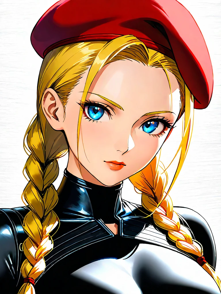 <lora:Garou:1> crosstoon style, cel shading, crosshatch, portrait of an anime girl wearing military hat red eyes and green leotard