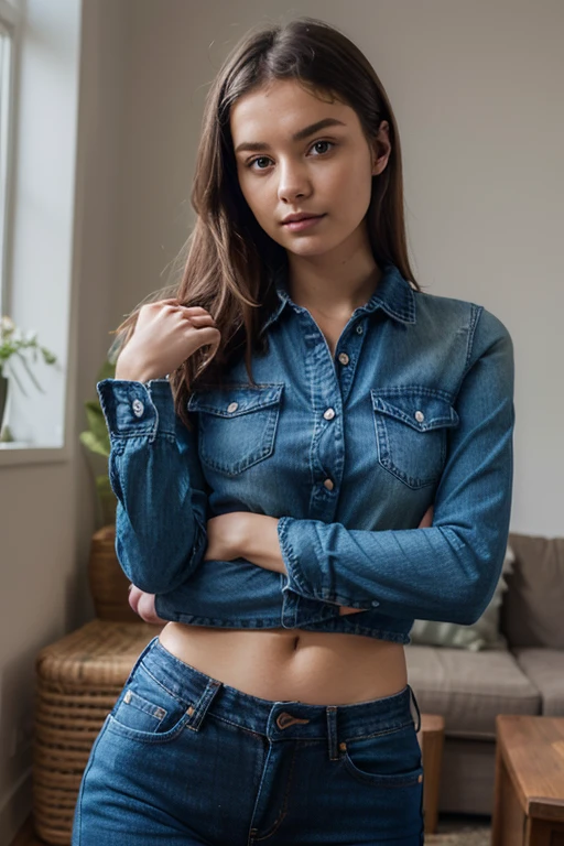 RAW style, russian girl  ,masterpiece, best quality, ultra-detailed, detail skin, 8k uhd, 20 years old posting indoor, hair:1.1, round neck  red top and blue jeans, big breast, joyful, analog style, (skin texture, film grain), cinematic light, sidelighting, ultra high res 
