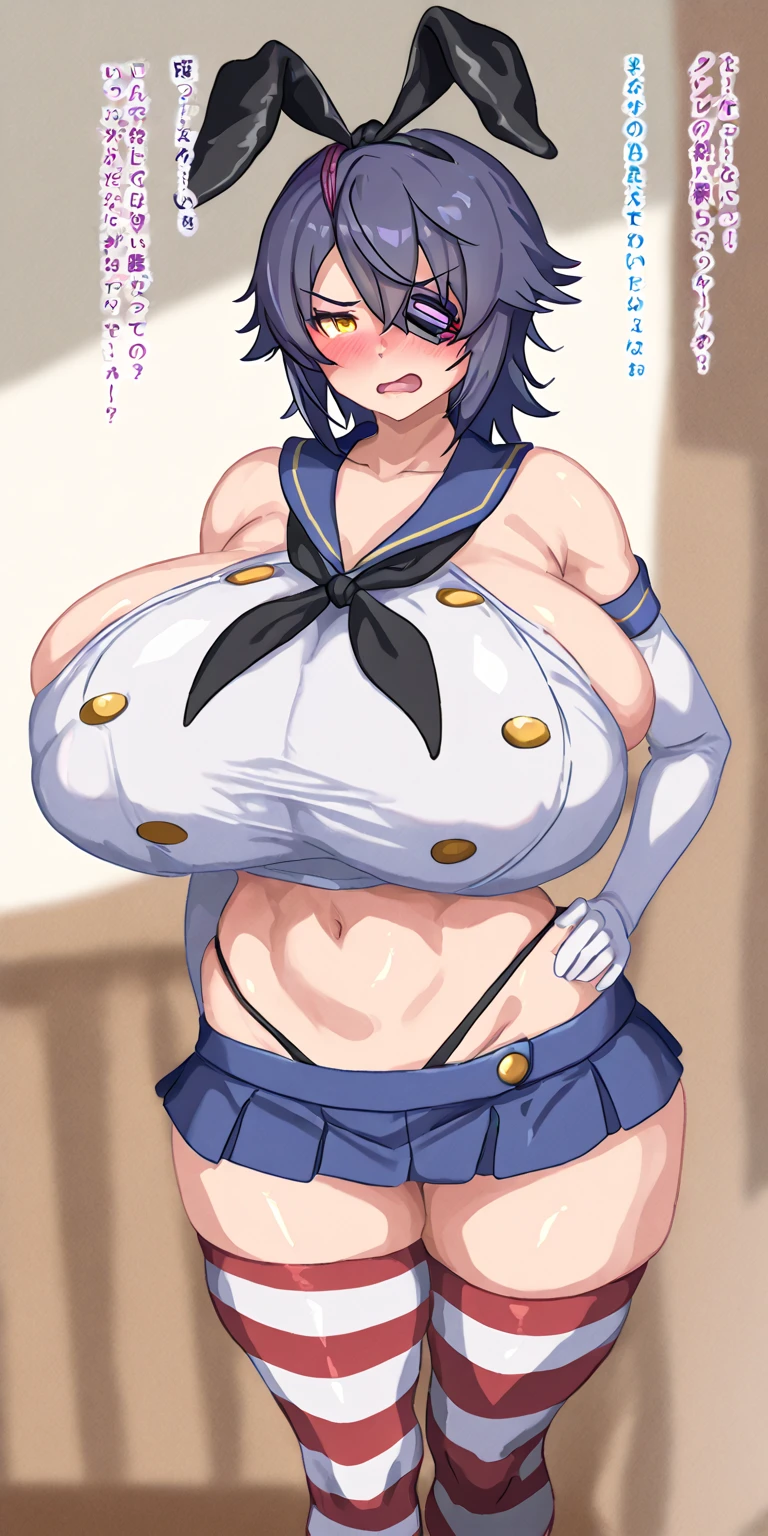 NSFW, Anime cel drawing style, Best Quality, High resolution, (Upper body naked), (Exposed massive breasts:1.8), white sailor suit, (string white panties), short sleeves, red neckerchief, blue skirt, Blue eyes, Purple hair, Bangs, Side Ponytail, Hair Ornament, (Lying, on back), (Spread legs), (Entanglement of men and women), (torn clothes:1.4), ((Cowboy Shot:1.6)), blush, fear, cry, open mouth, (take a photo of the whole:1.6)