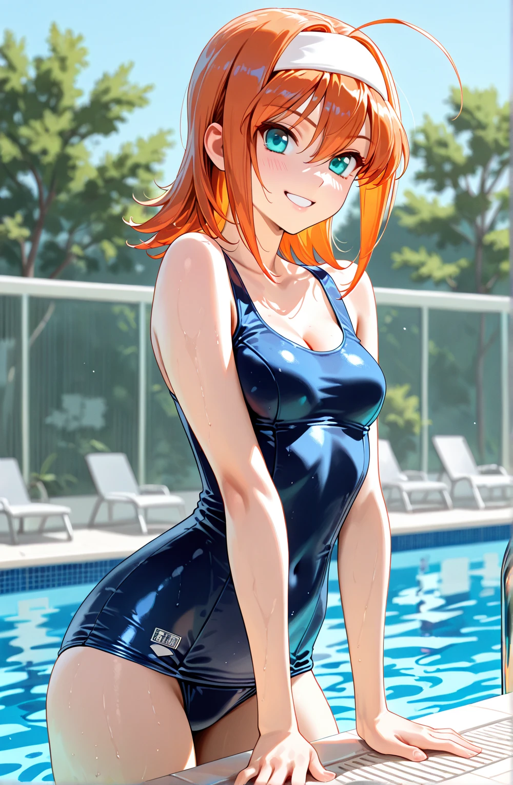 ((Best Quality)), ((masterpiece)), ((realist)) 1, redhead girl, shoulder length hair, relaxed happy face ((slender)) (busty), ((( Multicolor metallic turtleneck one-piece swimsuit ))) ((sexy )) textured pixie cut ) (((swimming pool))) 6 heads and a half full body