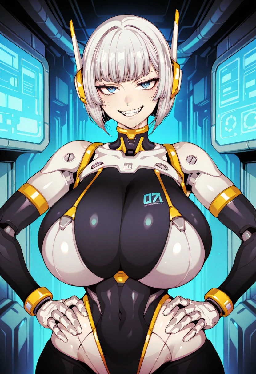 (8k, RAW photo, best quality, masterpiece: 1.45), Beautiful delicate face, young girl, white hair, ((kpop idol )), transparent bodysuit, spread, sensual, hot, sheerblack(high leg cut leotard), pale skin, {{messy short}}, (huge breasts:1.05), bangs, attractive curves, small pelvis, ((standing)), streets, glowing skin, cyberpunk colors, neon, techsuit, mecha, holding a light saber, fighting pose, samurai style, evil eyes, (((puffynipple, puffy areolas))), pubic hair, ((spread legs), camel toe, cameltoe, hard shape, vulvashaped:1.25), (upper body:1.15), (sfw:1.45)